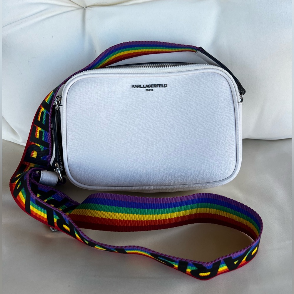 NWT Karl Lagerfeld Maybelle Pebble Leather Crossbody Pride Purse, White/Rainbow